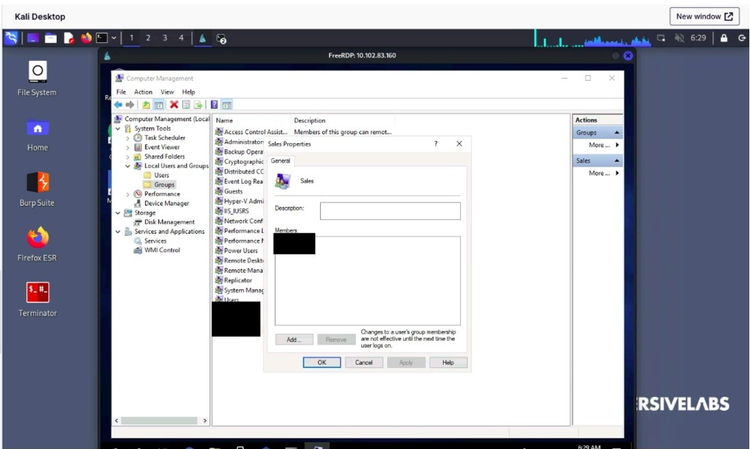 A screenshot of a virtual machine running on Kali Linux, with a Windows Local Users & Groups dialog open.