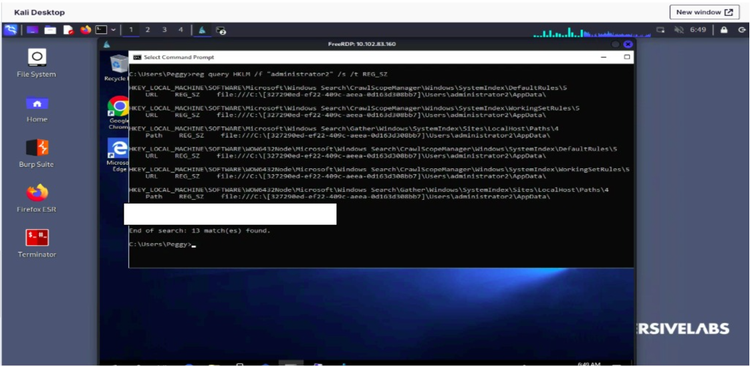 A screenshot of a virtual machine running on Kali Linux, with a Windows Command Prompt open.