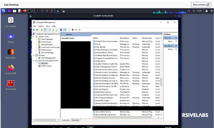 A screenshot of a virtual machine running on Kali Linux, with a Windows Computer Management dialog open.