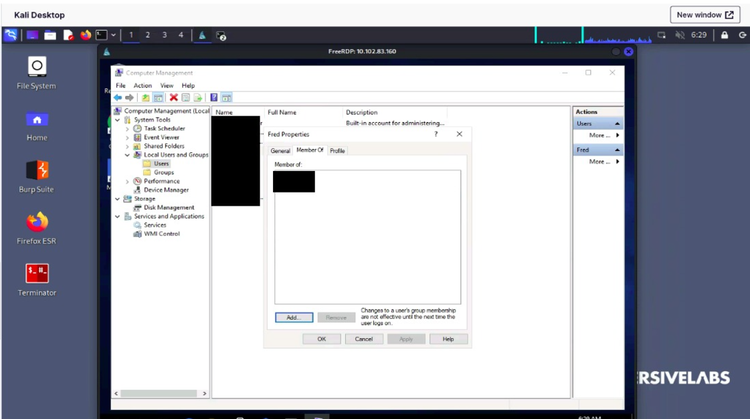 A screenshot of a virtual machine running on Kali Linux, with a Windows Local Users & Groups dialog open.