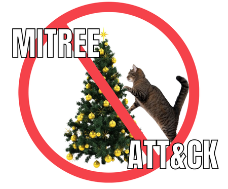 Humorous image of a cat pawing at a decorated Christmas tree, crossed out with a red prohibition symbol. The text 'MITRE ATT&CK' is written across the image, with 'MITRE' at the top and 'ATT&CK' at the bottom, creating a playful reference to the cybersecurity framework