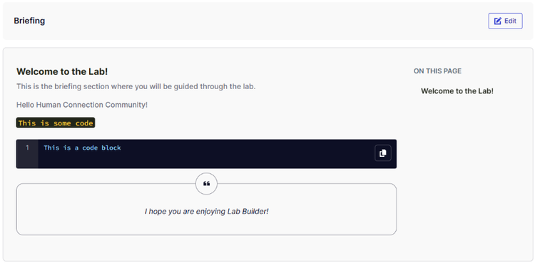 A screenshot of the Custom Lab Briefing page. The page includes a welcome message, a code block, and a closing message.