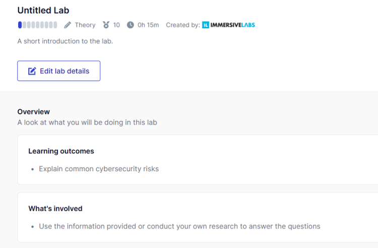 A screenshot of an Untitled Custom Lab. The page includes an overview of the lab, learning outcomes, and what's involved in the lab.