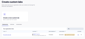 A screenshot of the Immersive Labs platform for creating custom labs. The screen shows a button to create a new custom lab, a list of published labs, and options to view draft and archived labs.