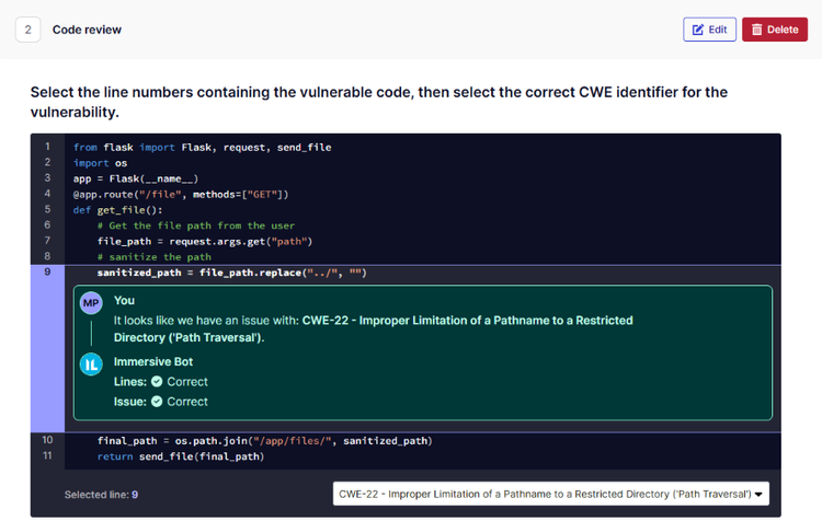 A screenshot of a Code Review task. The user is asked to identify the line numbers containing vulnerable code in a Python script and select the correct CWE identifier. The code snippet shows a Flask application with a potential path traversal vulnerability.