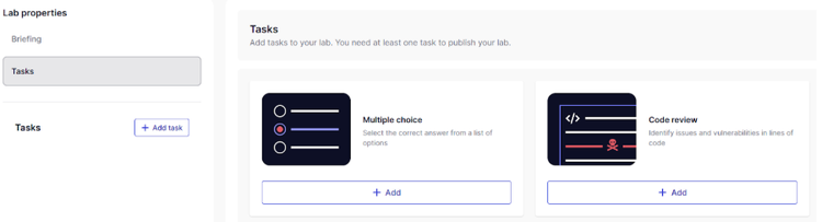 A screenshot of the Custom Lab Builder. The image shows the Tasks section, which includes options for adding different types of tasks to a lab, such as multiple-choice questions and code review tasks.