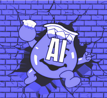 A parody of the Kool-Aid Man, a large anthropomorphic pitcher, bursting through a brick wall. Instead of 'Oh Yeah!' on its face, it has 'AI' written, symbolizing AI’s sudden and disruptive rise.