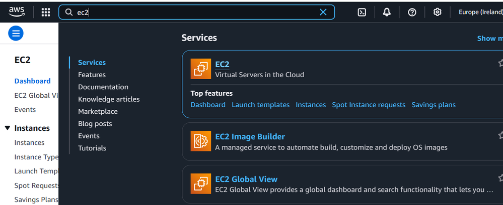 Screenshot of the AWS console search bar with 
