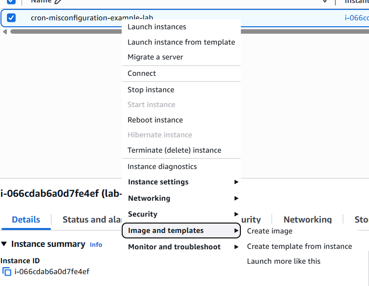 Screenshot of the EC2 console, right-clicking on an instance to select 