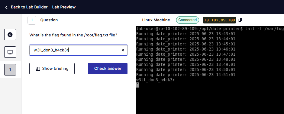 Screenshot of a command line interface showing a successful connection to a configured lab machine.